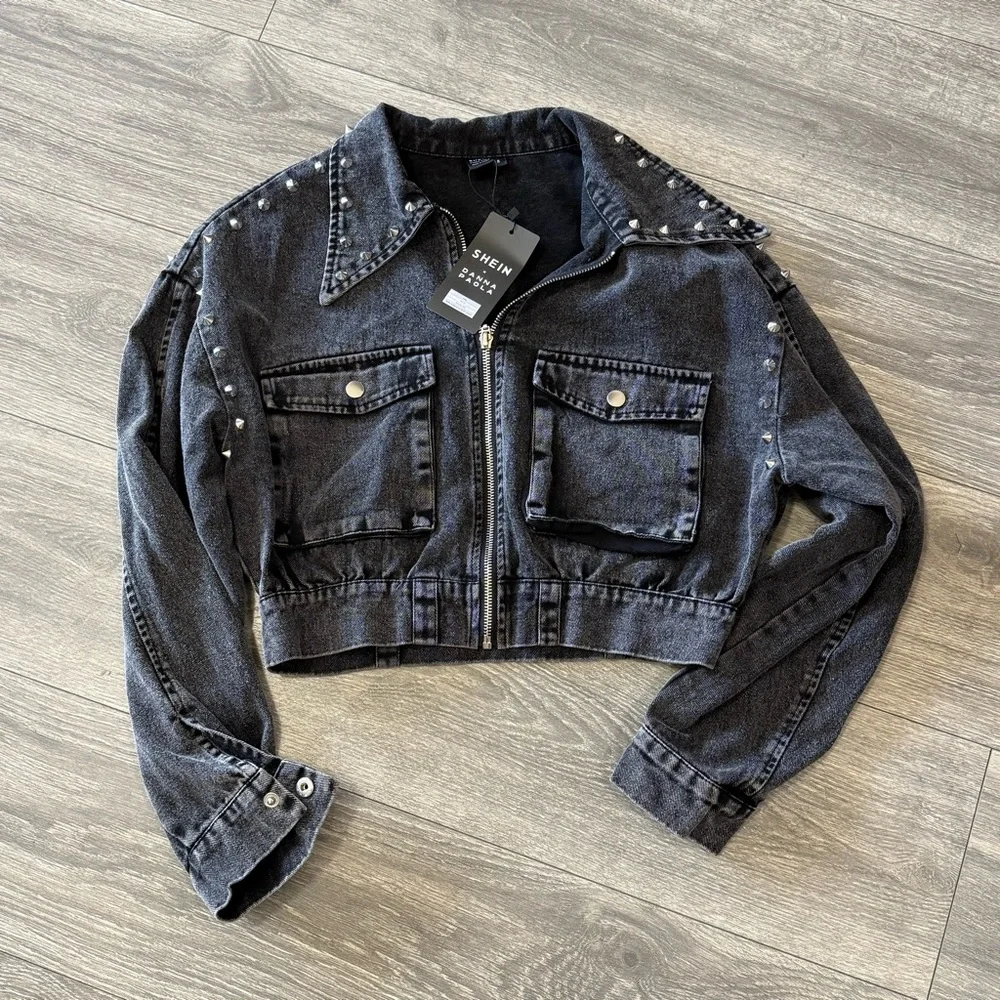 NWT SHEIN Dark Gray Studded Jean Jacket
